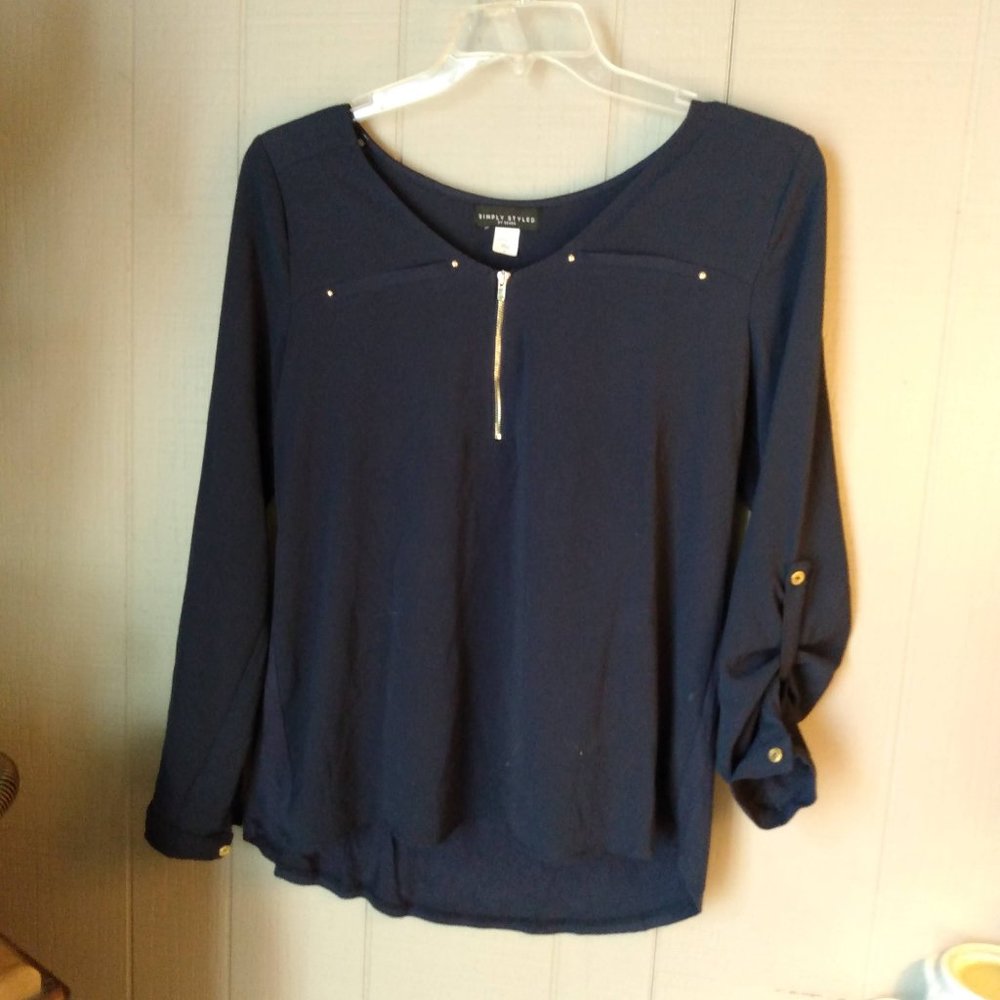 Simply Styled Navy Top Blouse Zipper Two Way Sleeve Large